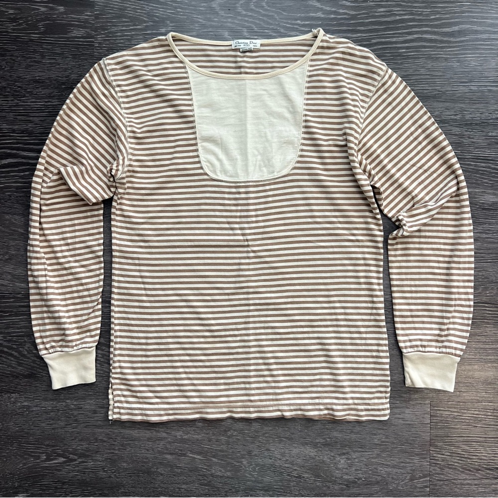 VTG Christian Dior Actifs Line 100% Cotton Lisle RN 14321 Cream/Brown Top
